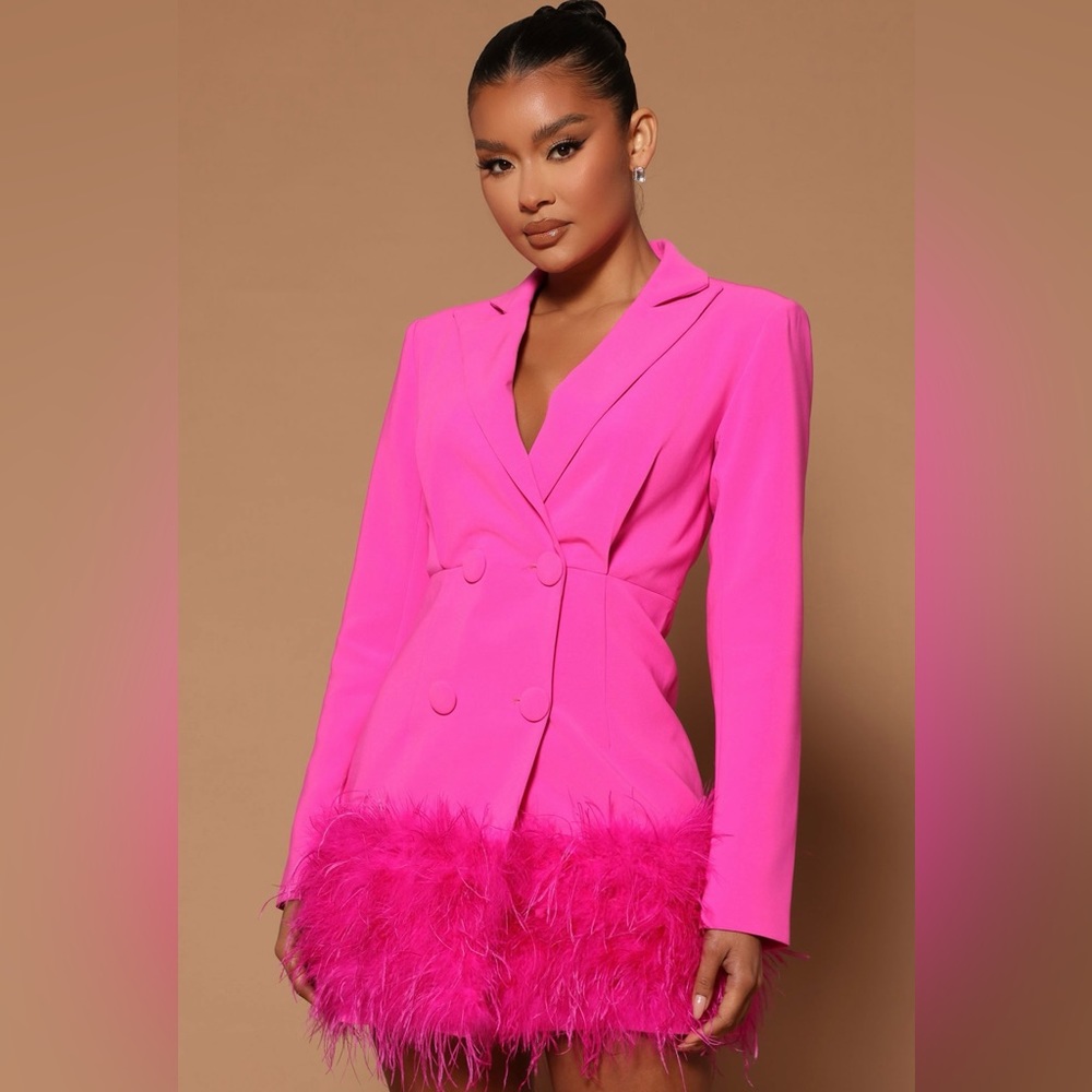 Feathered Blazer Dress- Fuchsia (Small) - Picture 3 of 3